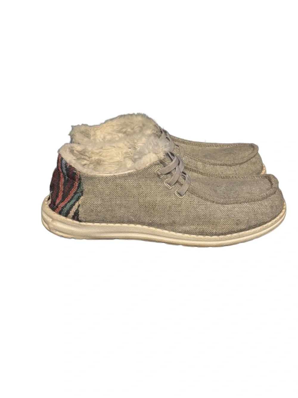 Tommy Bahama Beige Faux-Fur Lined Slip-On Loafers with Aztec Heel Accent